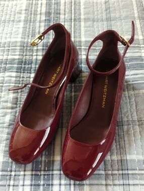 Stuart Weitzman Burgundy Patent Ankle-Strap Block Heels